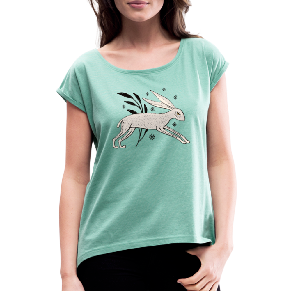 Frauen T-Shirt mit gerollten Ärmeln - "Winterhase" - Hinter dem Mond