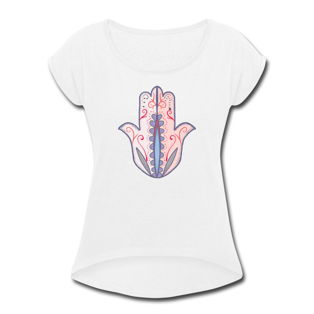 Frauen T-Shirt mit gerollten Ärmeln - "Hand der Fatima" - Hinter dem Mond