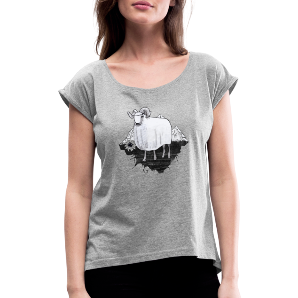 Frauen T-Shirt mit gerollten Ärmeln - "Schaf in den Bergen" - Hinter dem Mond