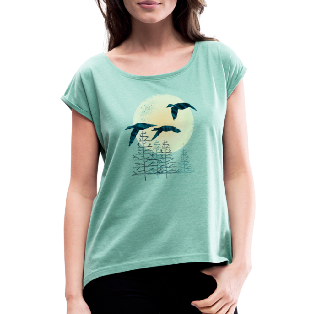 Frauen T-Shirt mit gerollten Ärmeln - "Zugvögel" - Hinter dem Mond