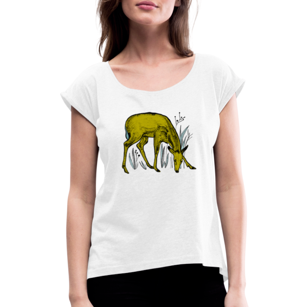Frauen T-Shirt mit gerollten Ärmeln - "Reh in Olive" - Hinter dem Mond