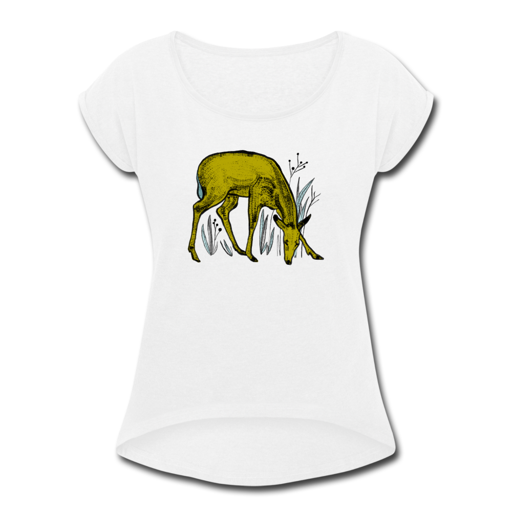 Frauen T-Shirt mit gerollten Ärmeln - "Reh in Olive" - Hinter dem Mond