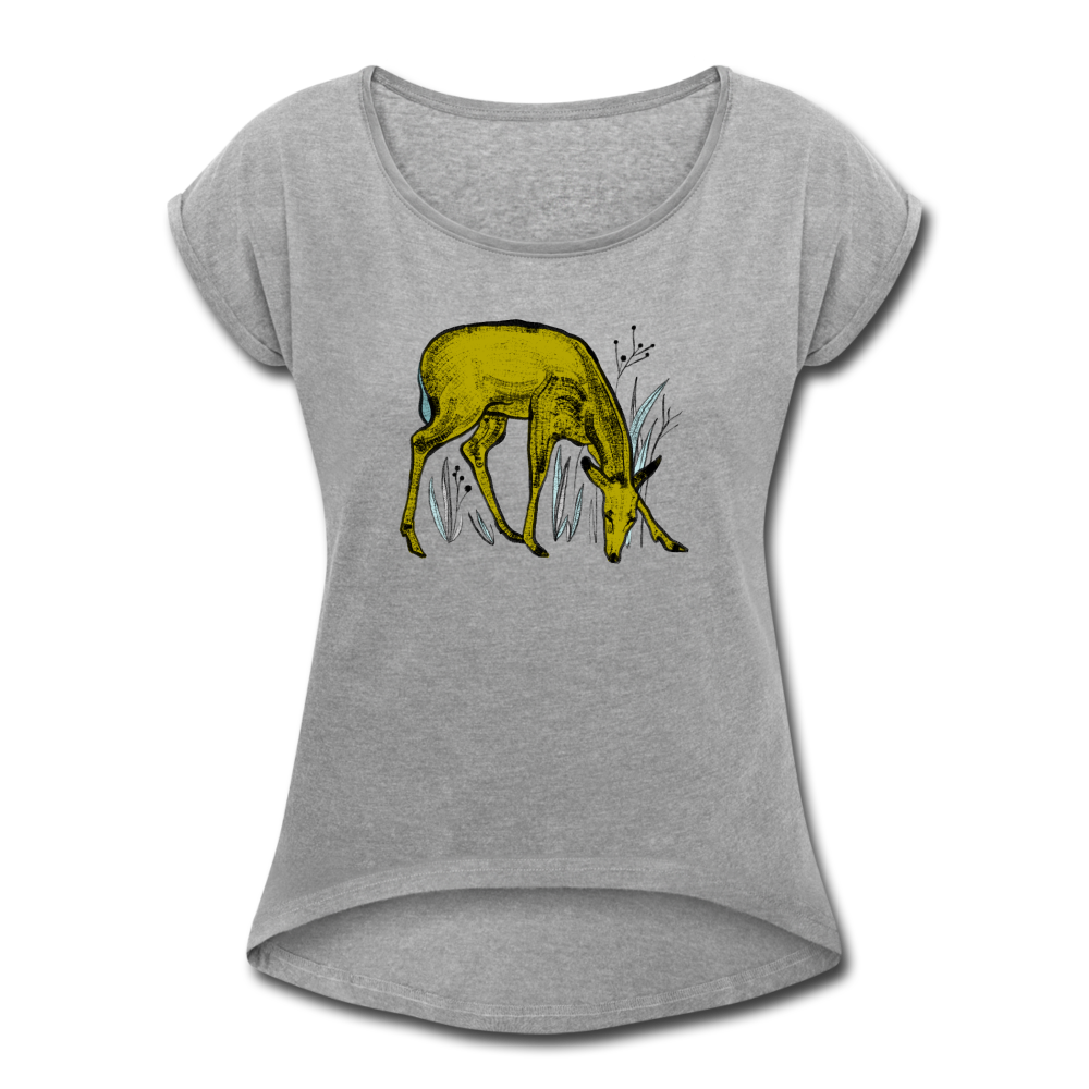 Frauen T-Shirt mit gerollten Ärmeln - "Reh in Olive" - Hinter dem Mond