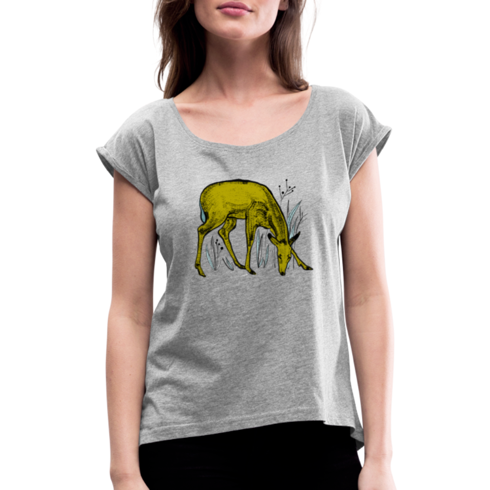 Frauen T-Shirt mit gerollten Ärmeln - "Reh in Olive" - Hinter dem Mond