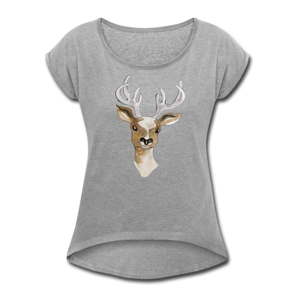 Frauen T-Shirt mit gerollten Ärmeln - "Hirsch in Aquarell" - Hinter dem Mond