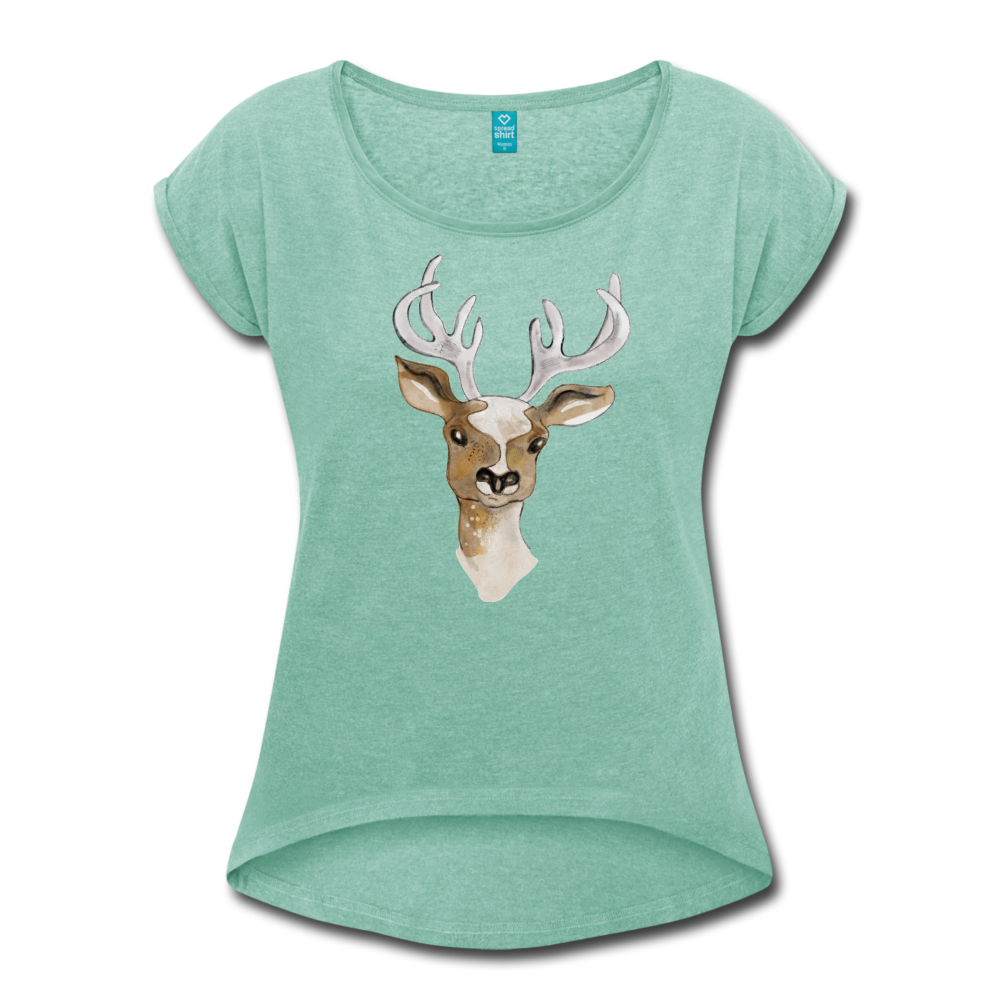 Frauen T-Shirt mit gerollten Ärmeln - "Hirsch in Aquarell" - Hinter dem Mond