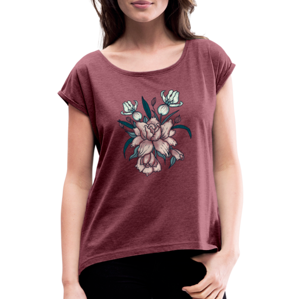 Frauen T-Shirt mit gerollten Ärmeln - "Vintage-Orchideen" - Hinter dem Mond