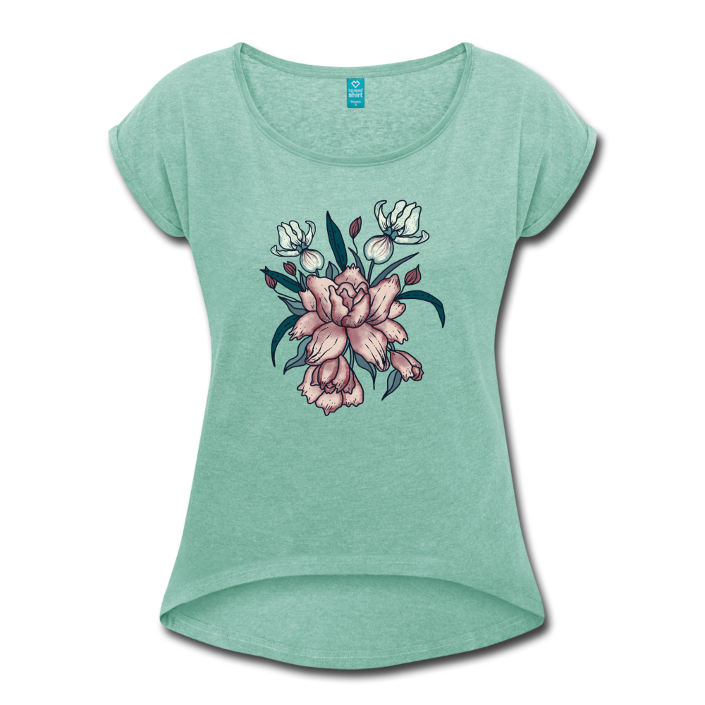 Frauen T-Shirt mit gerollten Ärmeln - "Vintage-Orchideen" - Hinter dem Mond