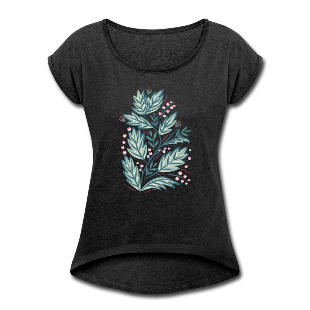 Women's T-Shirt with rolled up sleeves - "Frühling Floral" - Schwarz meliert