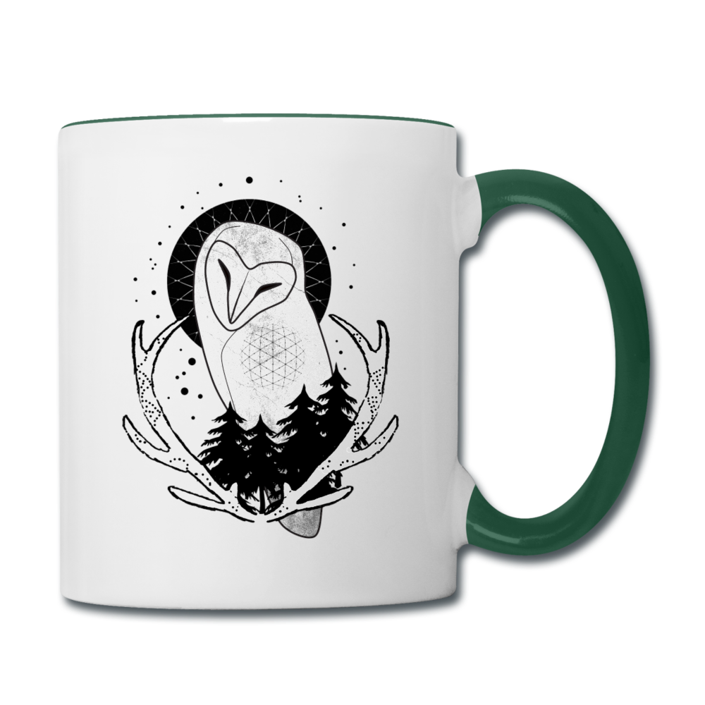 Tasse zweifarbig - “Eule mit Geweih” - Weiß/Dunkelgrün