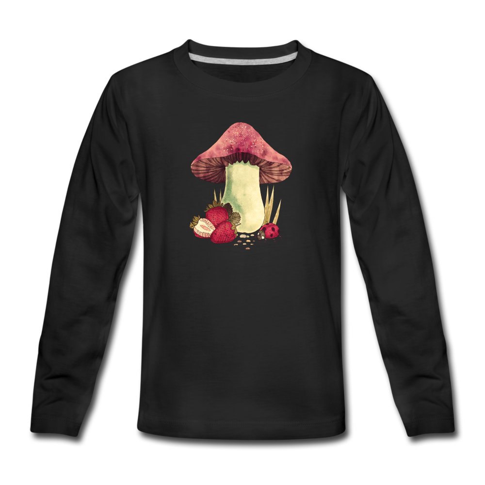 Teenager Premium Langarmshirt - "Cottagecore_Pilz und Erdbeeren" - Schwarz