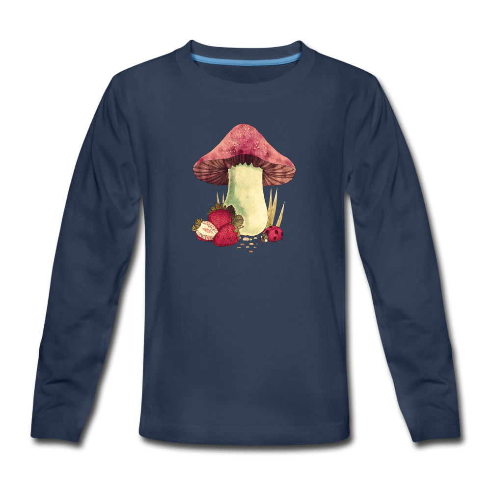 Teenager Premium Langarmshirt - "Cottagecore_Pilz und Erdbeeren" - Navy