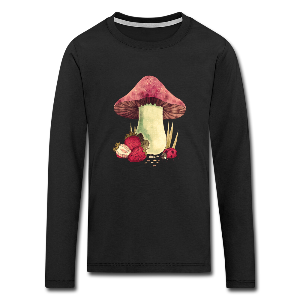 Kinder Premium Langarmshirt - "Cottagecore_Pilz und Erdbeeren" - Schwarz