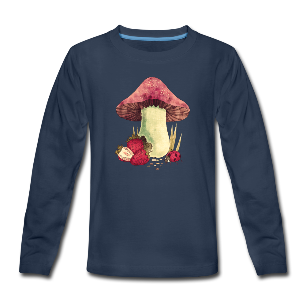 Kinder Premium Langarmshirt - "Cottagecore_Pilz und Erdbeeren" - Navy