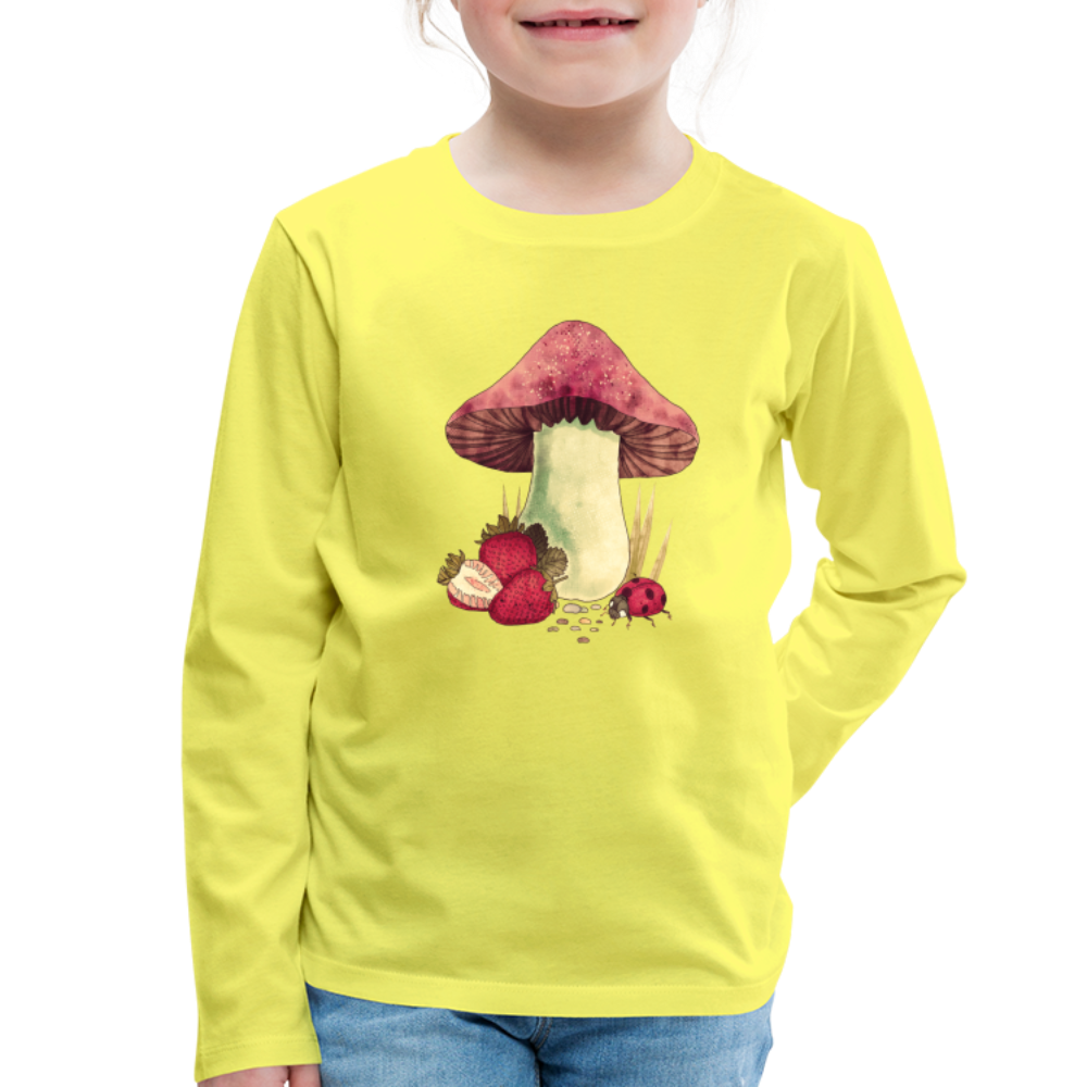 Kinder Premium Langarmshirt - "Cottagecore_Pilz und Erdbeeren" - Gelb