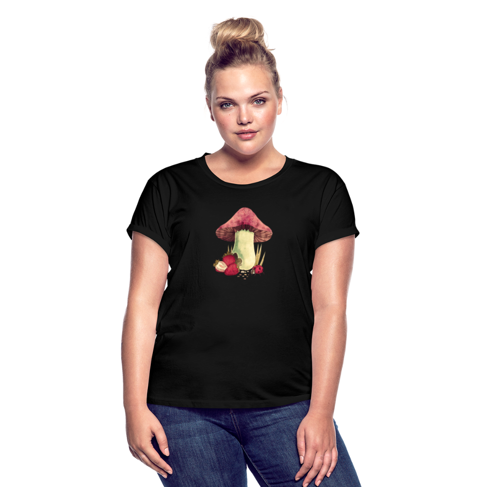 Frauen Oversize T-Shirt - "Cottagecore_Pilz und Erdbeeren" - Schwarz