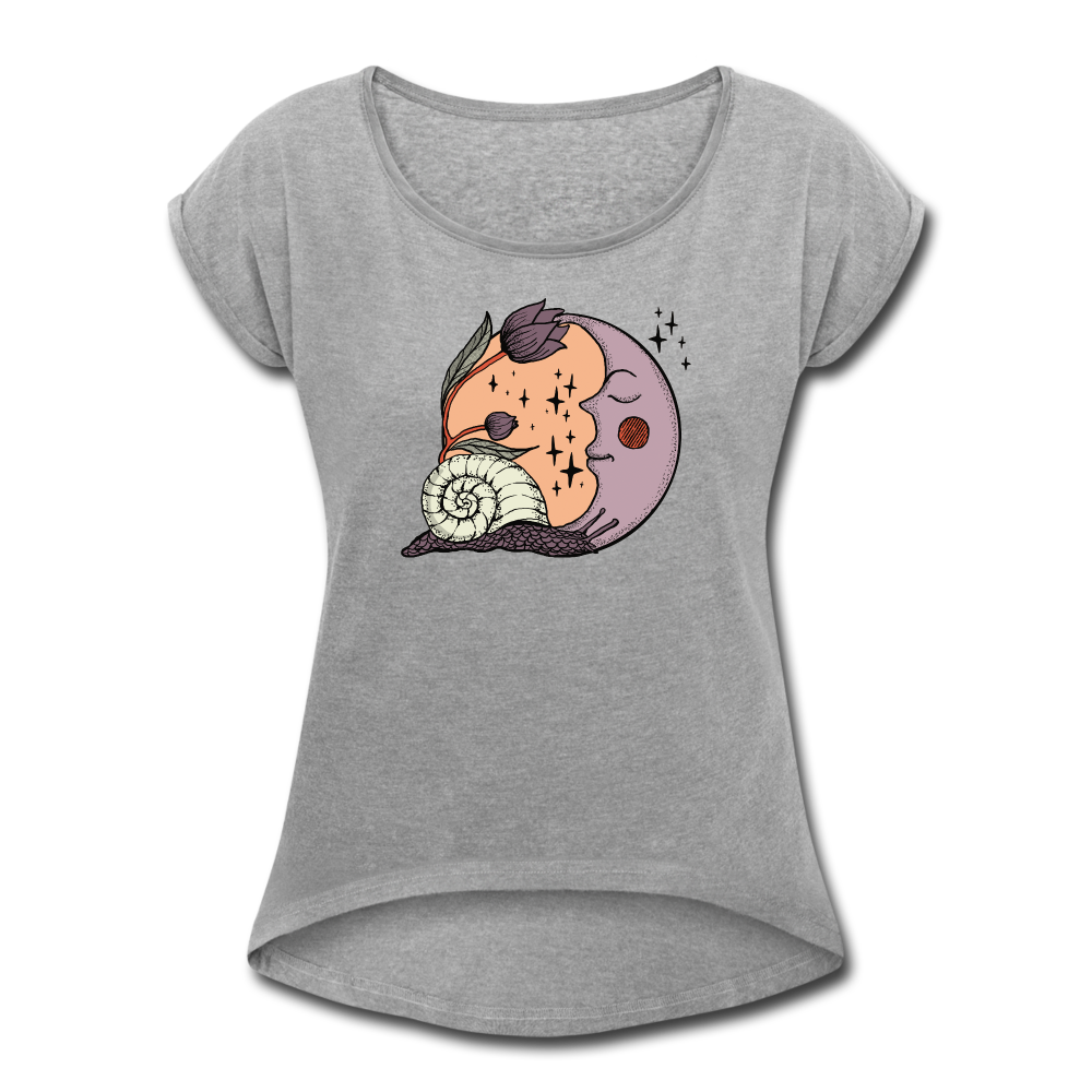 Frauen T-Shirt mit gerollten Ärmeln - “Cottagecore_Schnecke und Mond” - Grau meliert