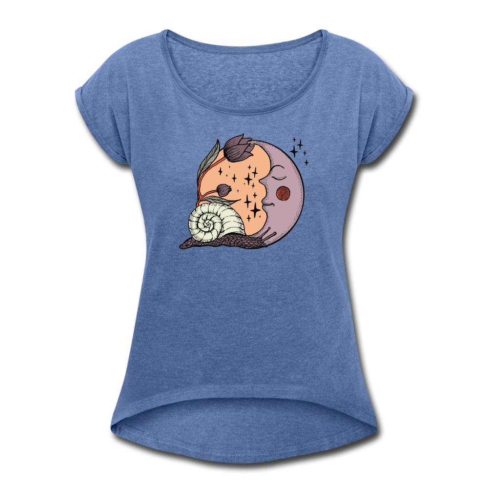 Frauen T-Shirt mit gerollten Ärmeln - “Cottagecore_Schnecke und Mond” - Denim meliert