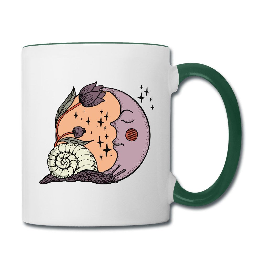 Tasse zweifarbig - “Cottagecore_Schnecke und Mond” - Weiß/Dunkelgrün