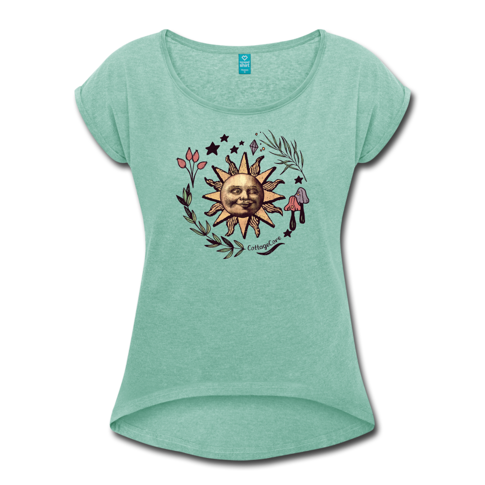 Frauen T-Shirt mit gerollten Ärmeln - “Cottagecore_Die Sonne lacht” - Minze meliert