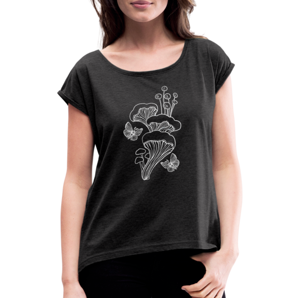 Frauen T-Shirt mit gerollten Ärmeln - “Goblincore_Tanz der Motten” - Schwarz meliert