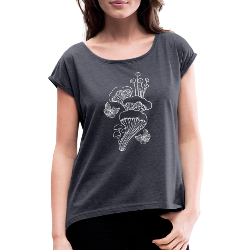 Frauen T-Shirt mit gerollten Ärmeln - “Goblincore_Tanz der Motten” - Navy meliert