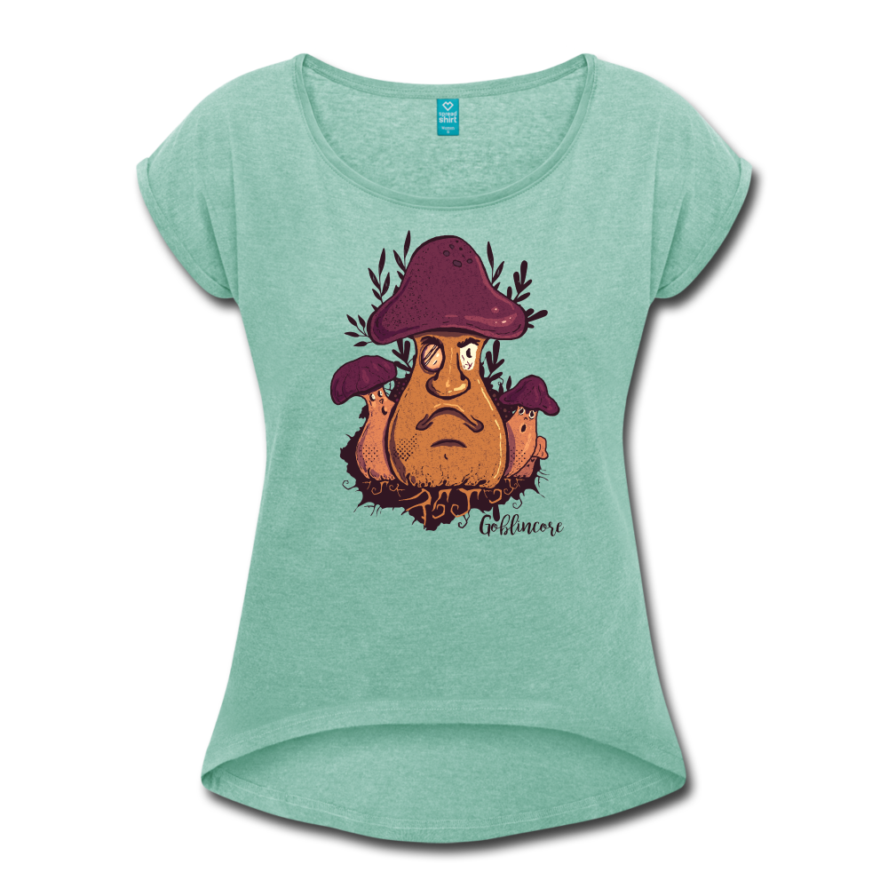 Frauen T-Shirt mit gerollten Ärmeln - “Goblincore_Grummelpilz” - Minze meliert