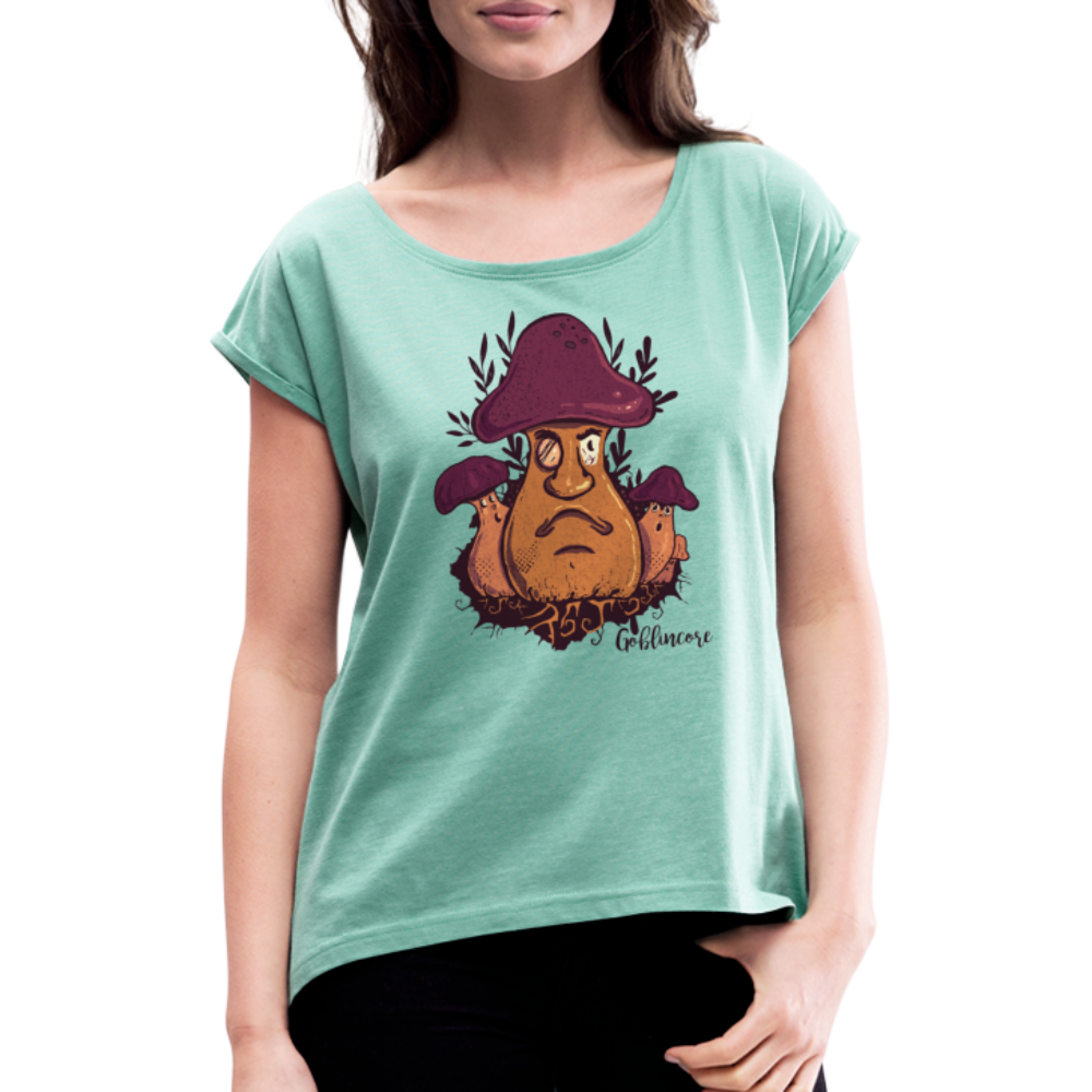 Frauen T-Shirt mit gerollten Ärmeln - “Goblincore_Grummelpilz” - Minze meliert