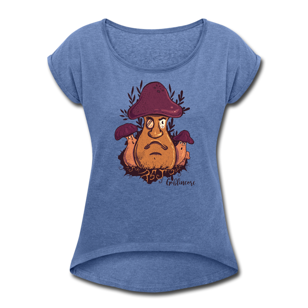 Frauen T-Shirt mit gerollten Ärmeln - “Goblincore_Grummelpilz” - Denim meliert