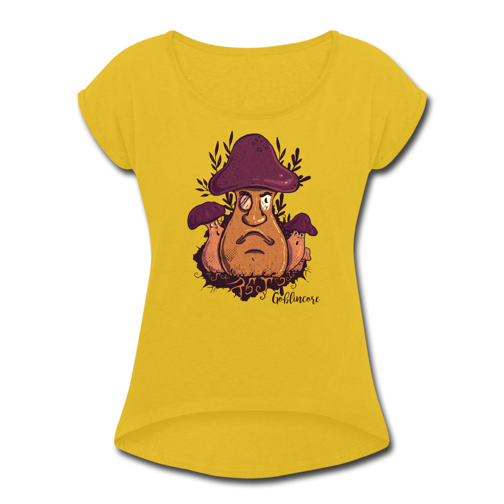 Frauen T-Shirt mit gerollten Ärmeln - “Goblincore_Grummelpilz” - Senfgelb