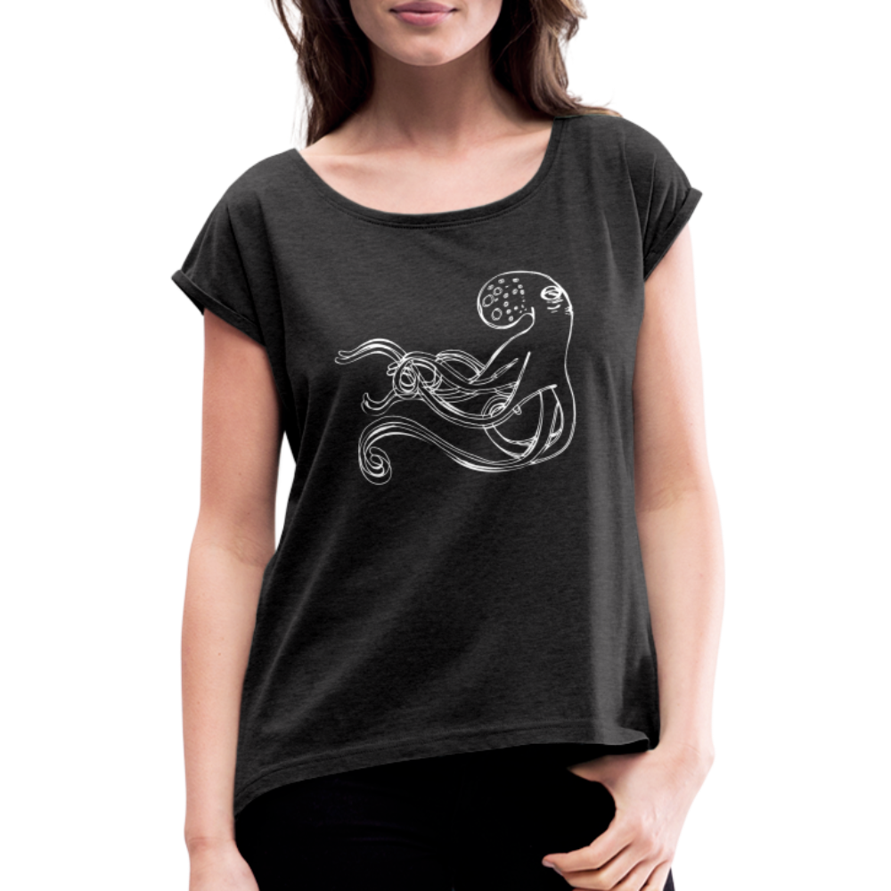 Frauen T-Shirt mit gerollten Ärmeln - “Shaky Kraken” - Schwarz meliert