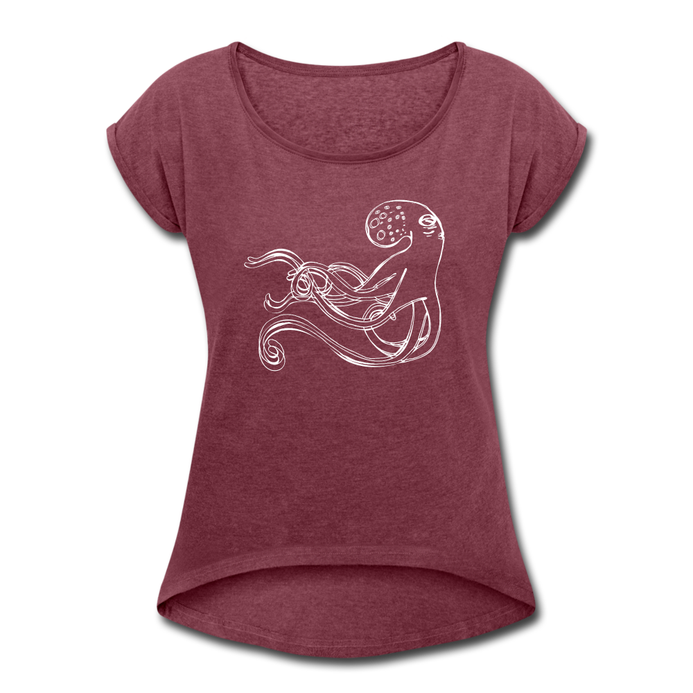 Frauen T-Shirt mit gerollten Ärmeln - “Shaky Kraken” - Bordeauxrot meliert
