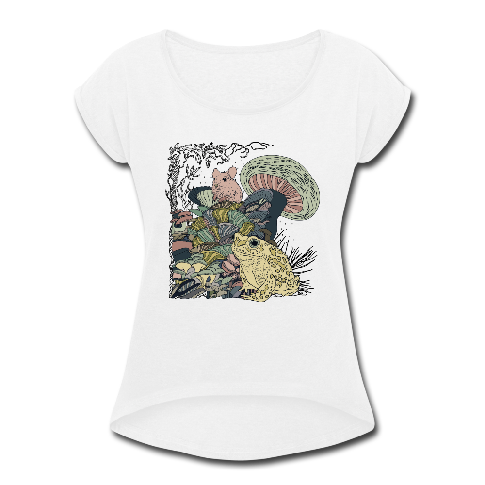 Frauen T-Shirt mit gerollten Ärmeln -“Wimmelbild mit Frosch und Pilzen” - Weiß