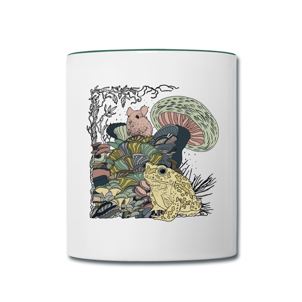 Tasse zweifarbig - “Wimmelbild mit Frosch und Pilzen” - Weiß/Dunkelgrün
