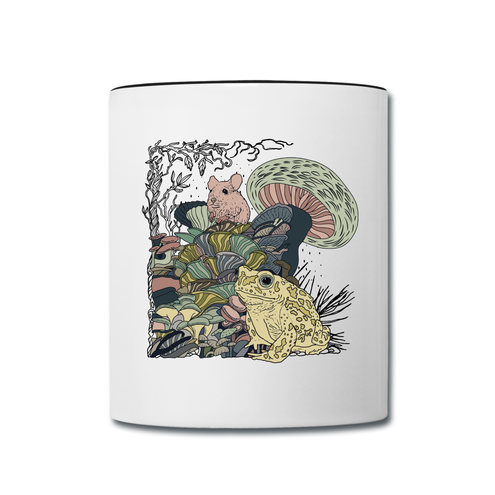Tasse zweifarbig - “Wimmelbild mit Frosch und Pilzen” - Weiß/Schwarz