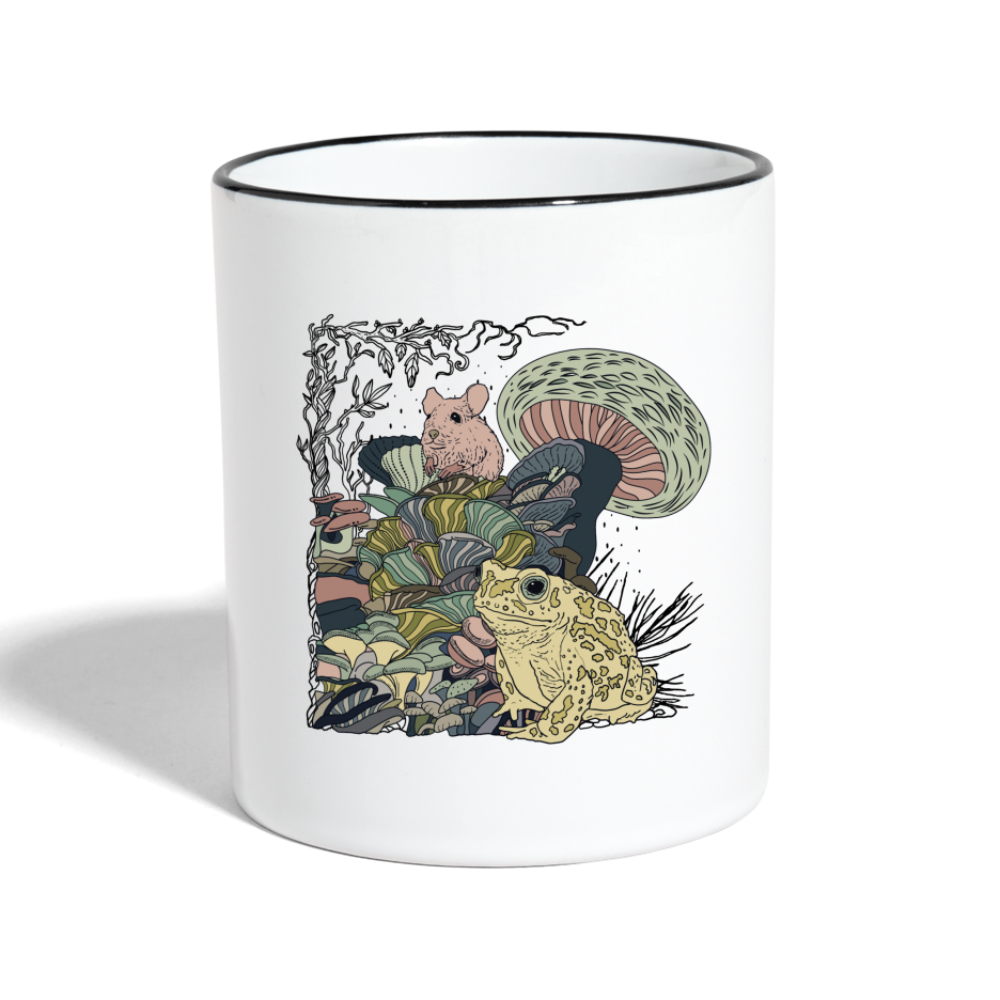 Tasse zweifarbig - “Wimmelbild mit Frosch und Pilzen” - Weiß/Schwarz