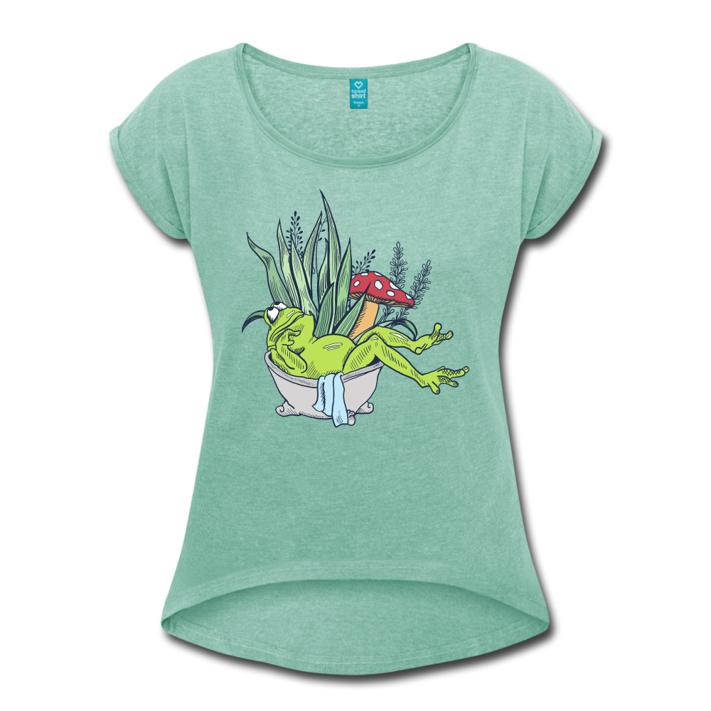 Frauen T-Shirt mit gerollten Ärmeln - “Cottagecore_Frosch in der Badewanne” - Minze meliert