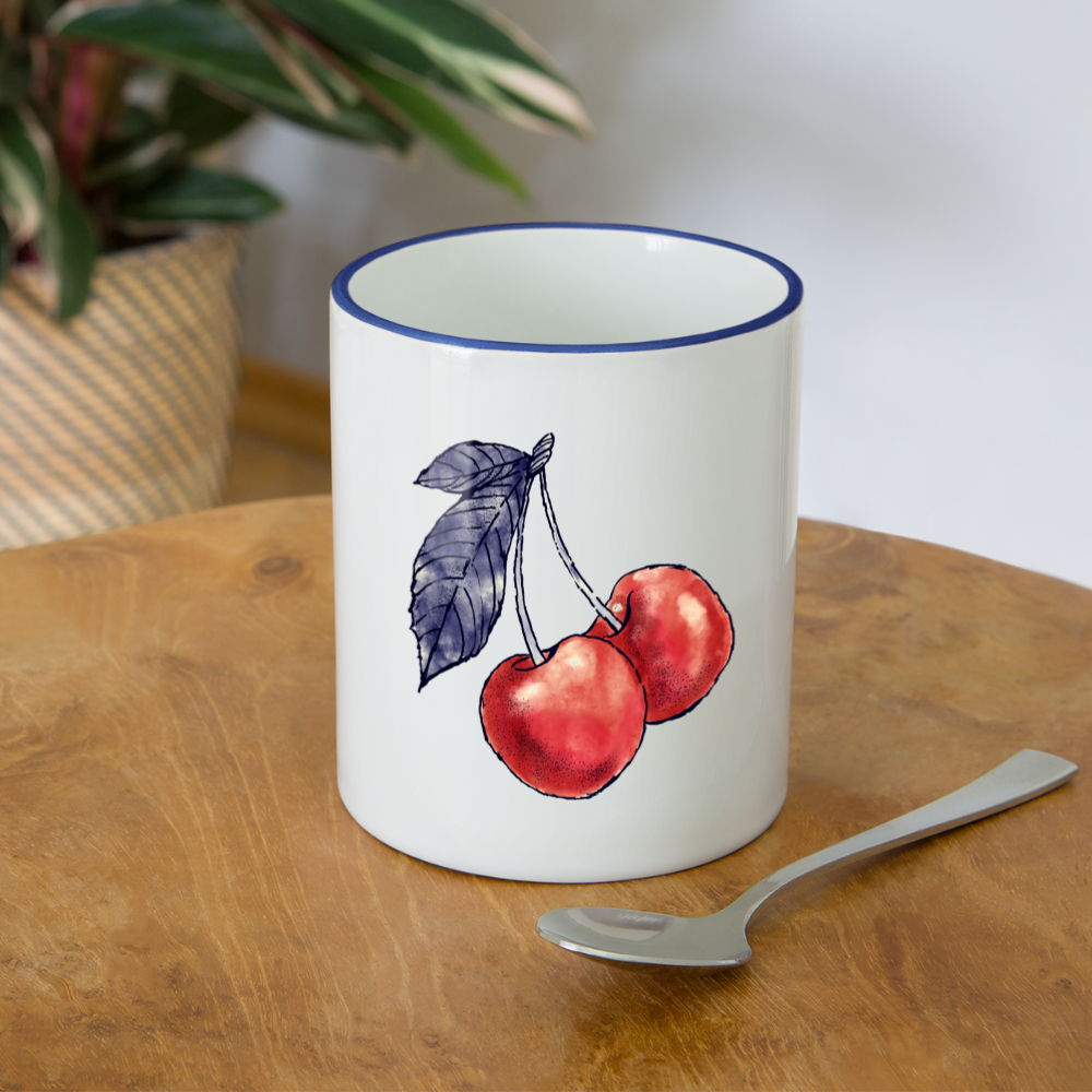 Tasse zweifarbig - “Rote Kirschen” - Weiß/Kobaltblau
