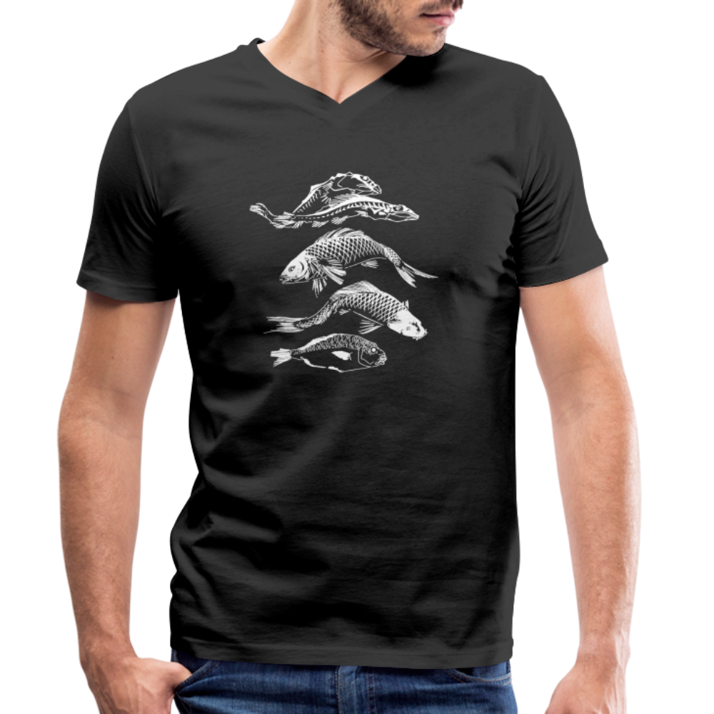 Männer Bio-T-Shirt mit V-Ausschnitt - “Fischsilhouetten” - Schwarz