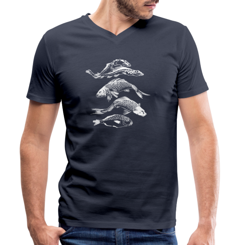 Männer Bio-T-Shirt mit V-Ausschnitt - “Fischsilhouetten” - Navy