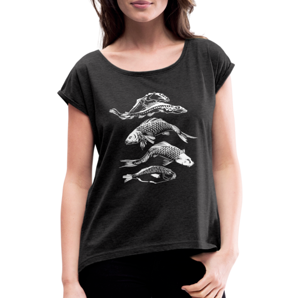 Frauen T-Shirt mit gerollten Ärmeln - “Fischsilhouetten” - Schwarz meliert