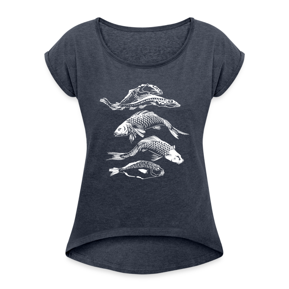 Frauen T-Shirt mit gerollten Ärmeln - “Fischsilhouetten” - Navy meliert