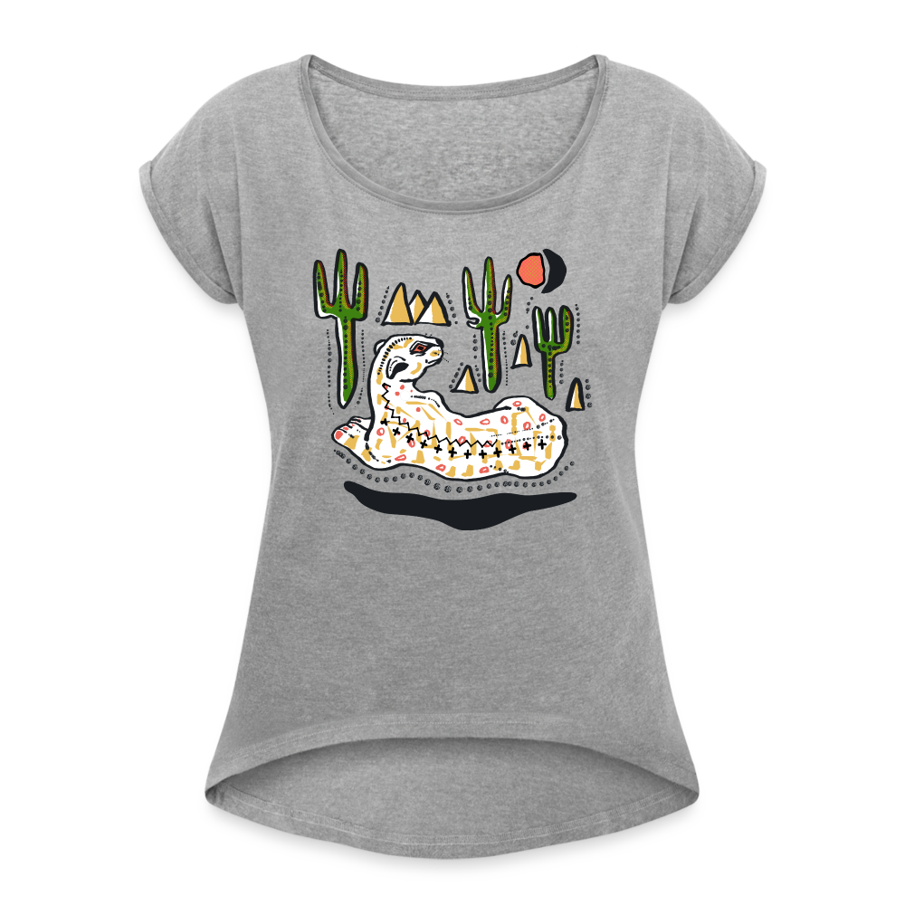 Frauen T-Shirt mit gerollten Ärmeln - “Folkart Jaguar” - Grau meliert