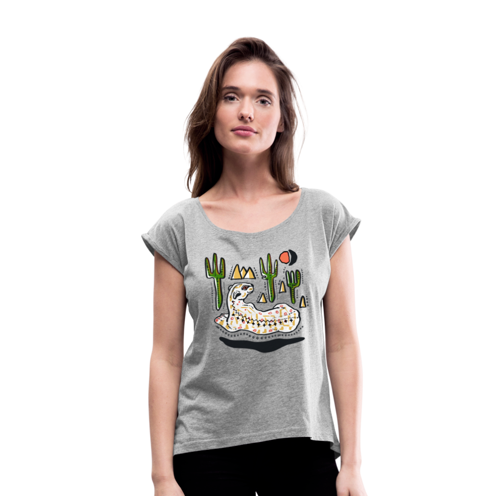 Frauen T-Shirt mit gerollten Ärmeln - “Folkart Jaguar” - Grau meliert