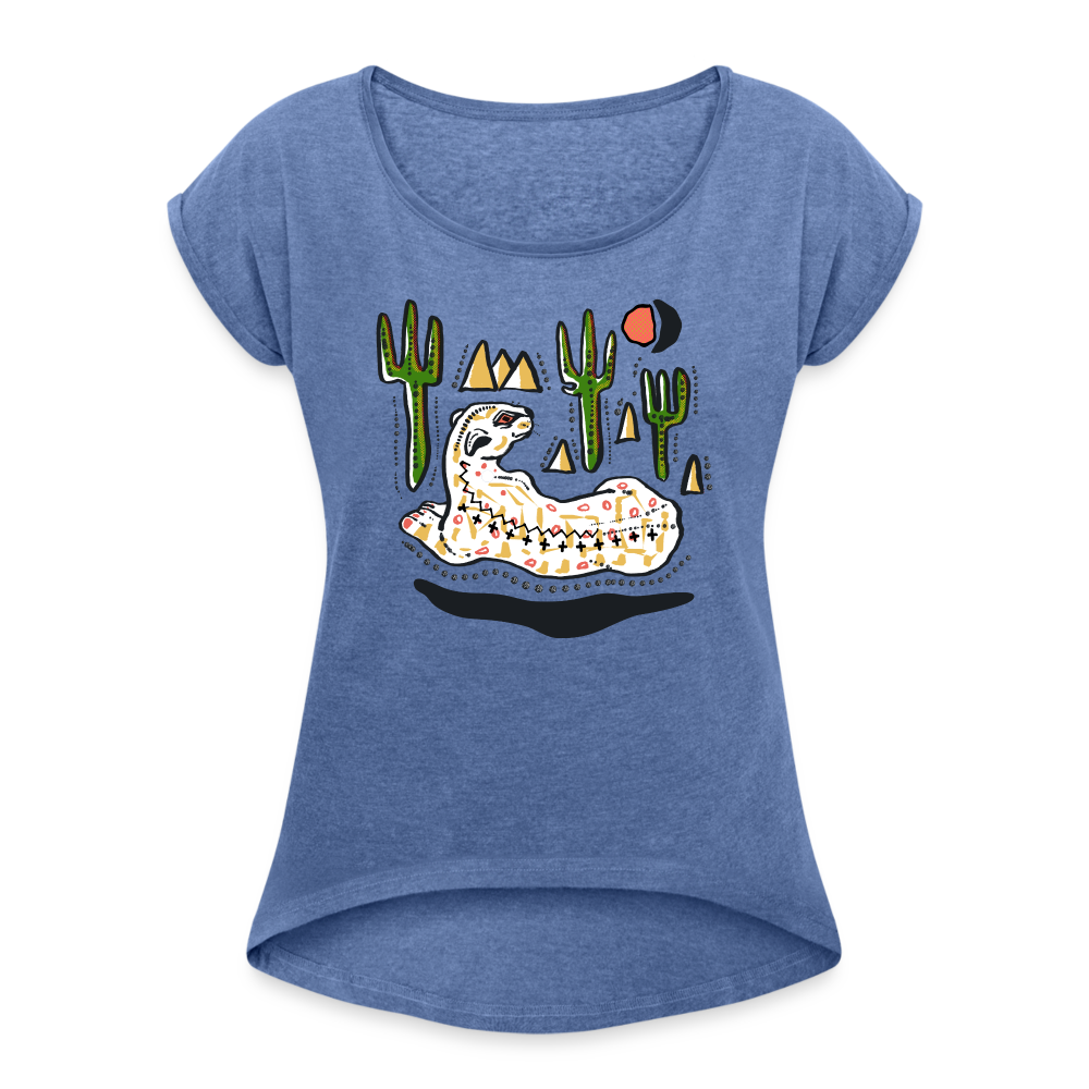 Frauen T-Shirt mit gerollten Ärmeln - “Folkart Jaguar” - Denim meliert