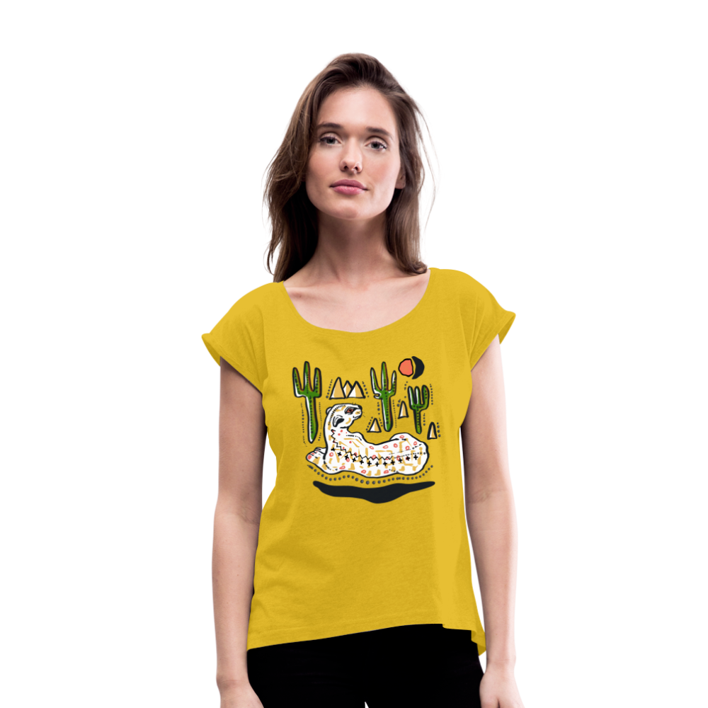 Frauen T-Shirt mit gerollten Ärmeln - “Folkart Jaguar” - Senfgelb