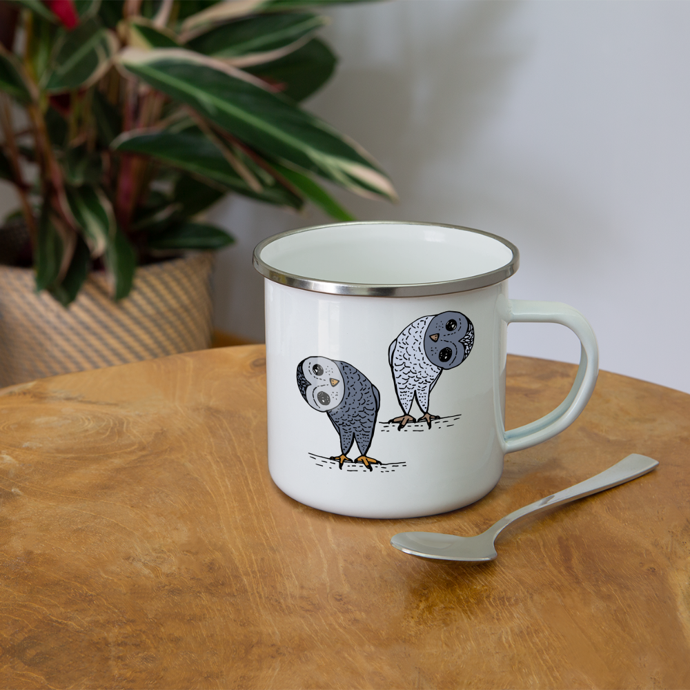 Emaille-Tasse - Staunende Eulen - weiß