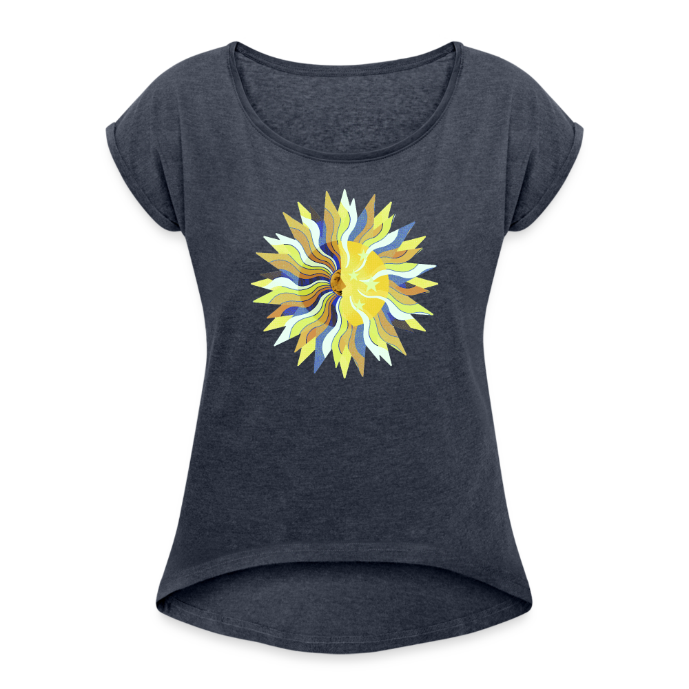 Frauen T-Shirt mit gerollten Ärmeln - "Sonne und Mond" - Navy meliert