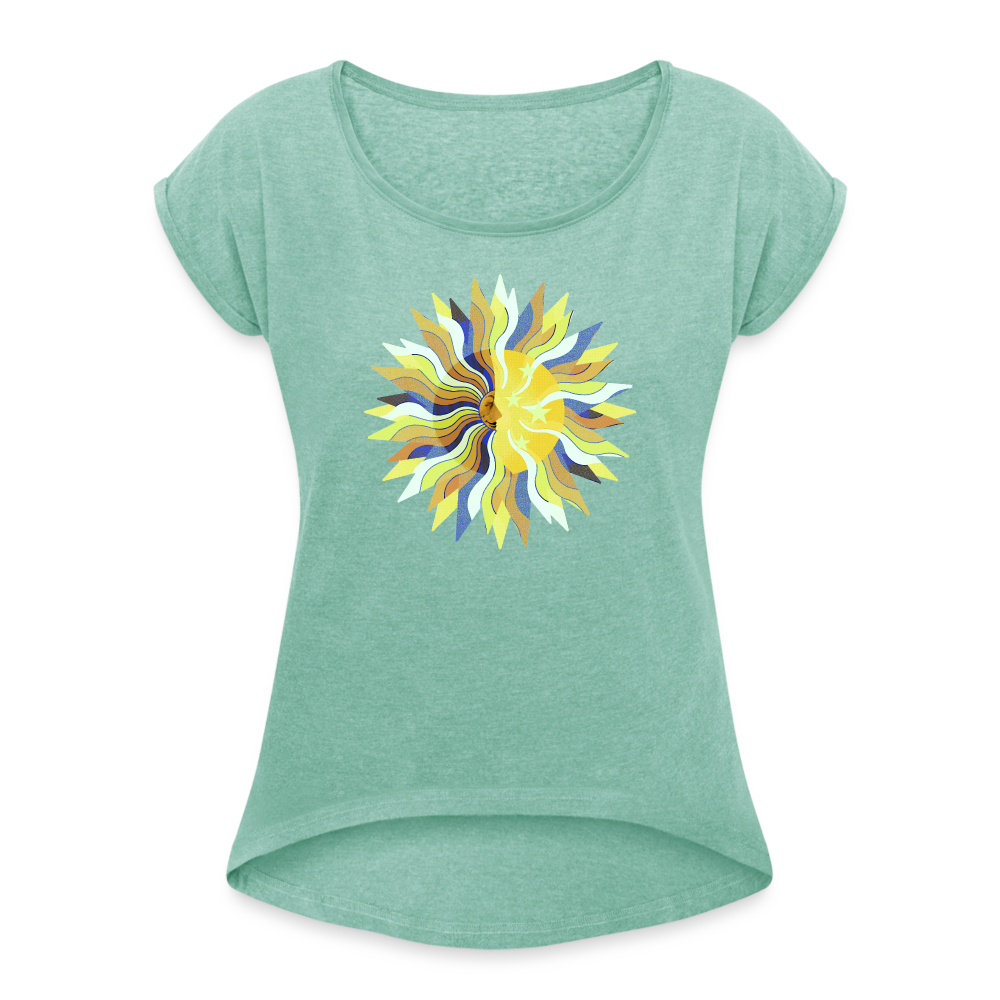 Frauen T-Shirt mit gerollten Ärmeln - "Sonne und Mond" - Minze meliert