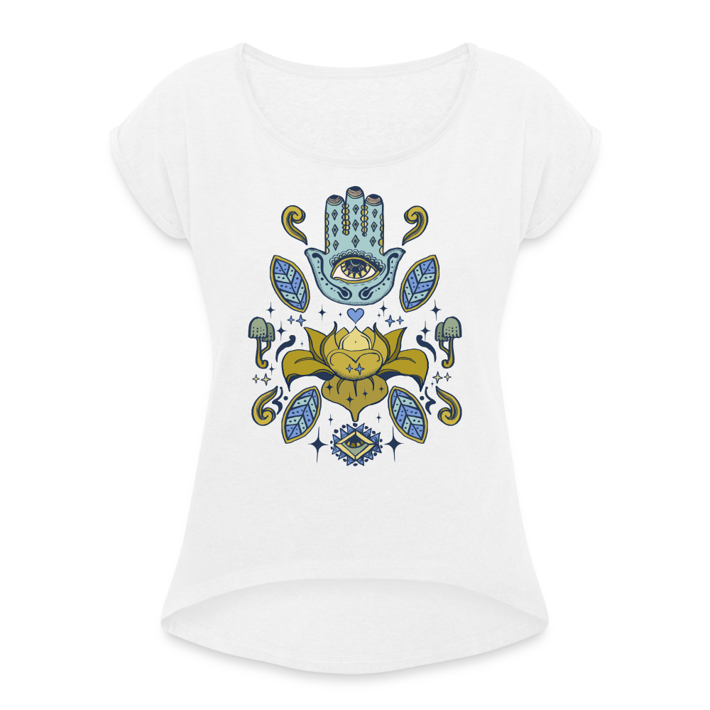 Frauen T-Shirt mit gerollten Ärmeln - "Fatimas Lotos" - weiß